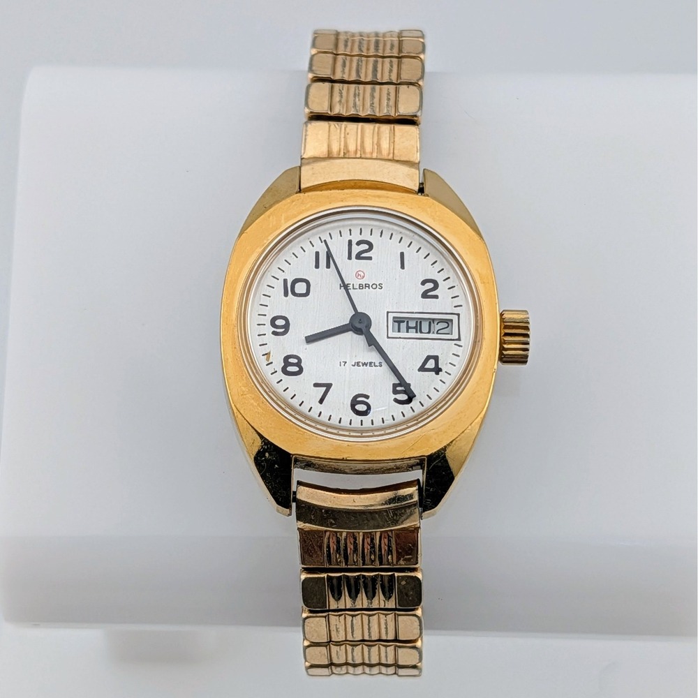 Vintage Helbros 17 Jewel Manual Wind Day Date White Dial Gold Tone Women's Watch